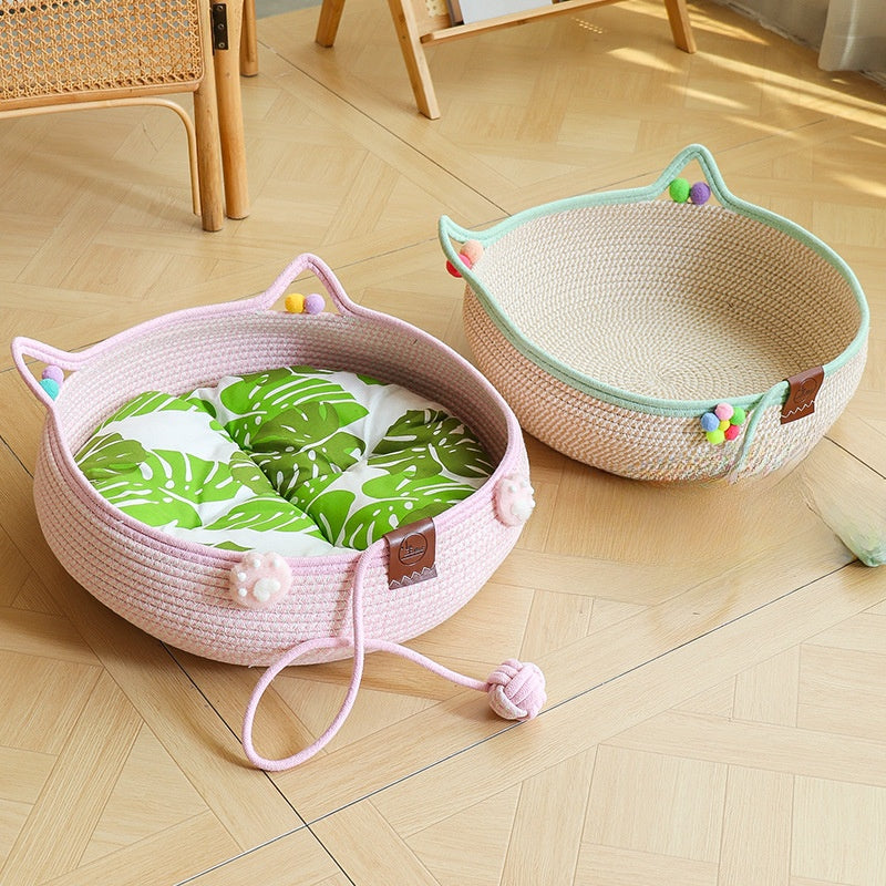 Rattan cat nest with pillow and cotton rope scratcher