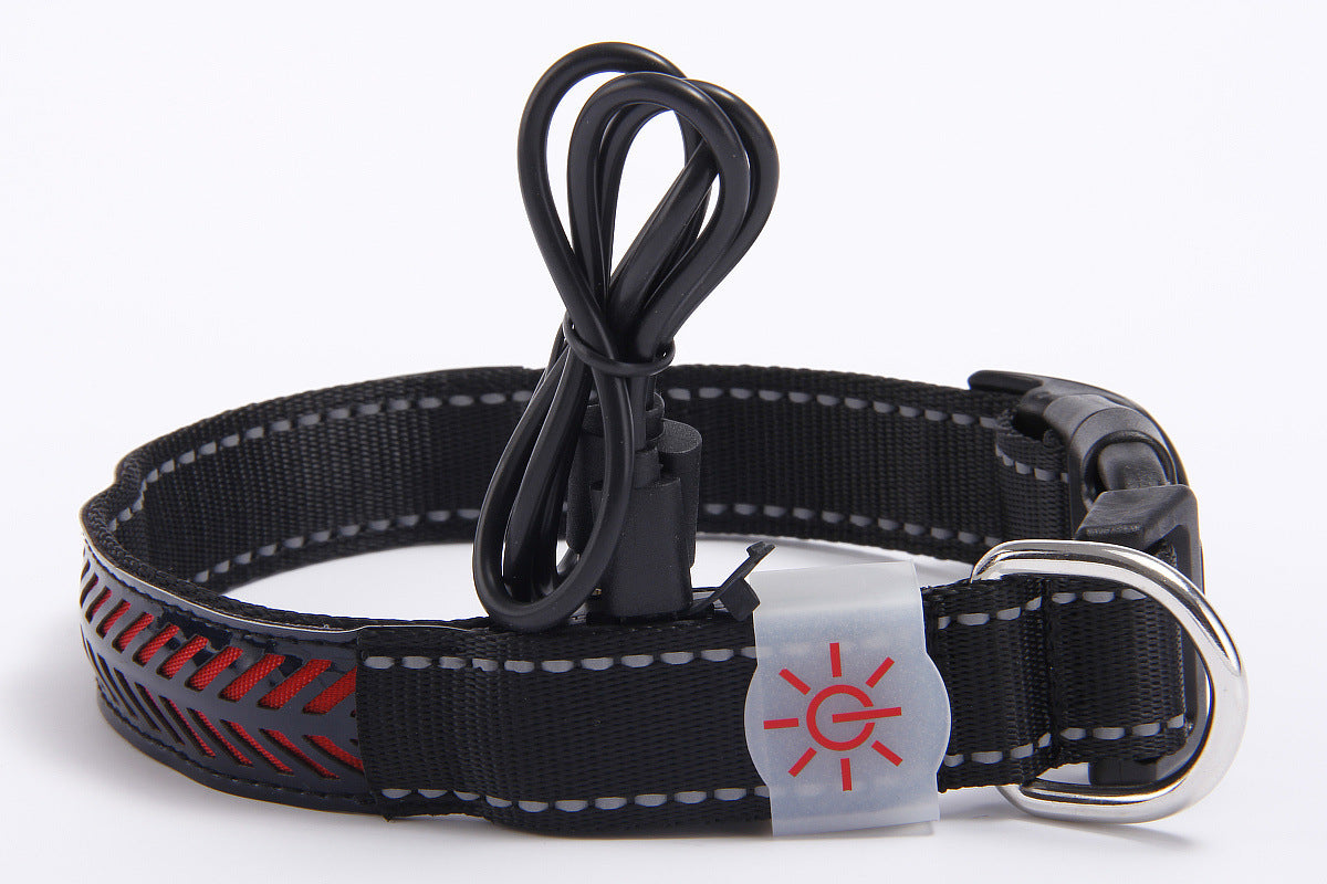 LED light up pet collar with black striped strap and red glow