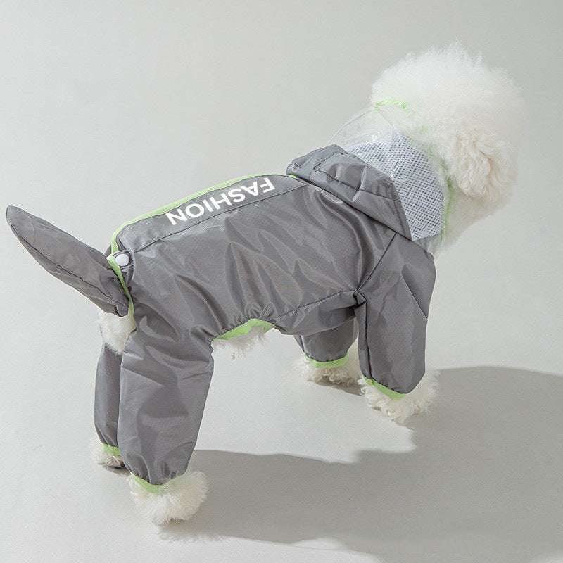 Waterproof four leg dog raincoats in orange and green