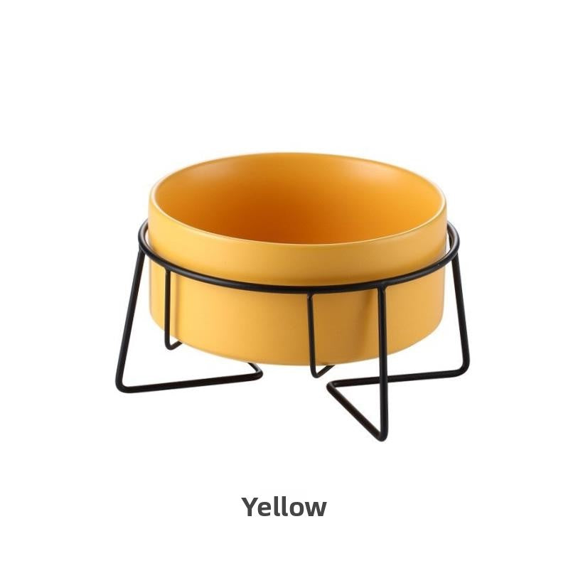 Raised glazed ceramic pet bowl on a stand in pastel yellow, view 20
