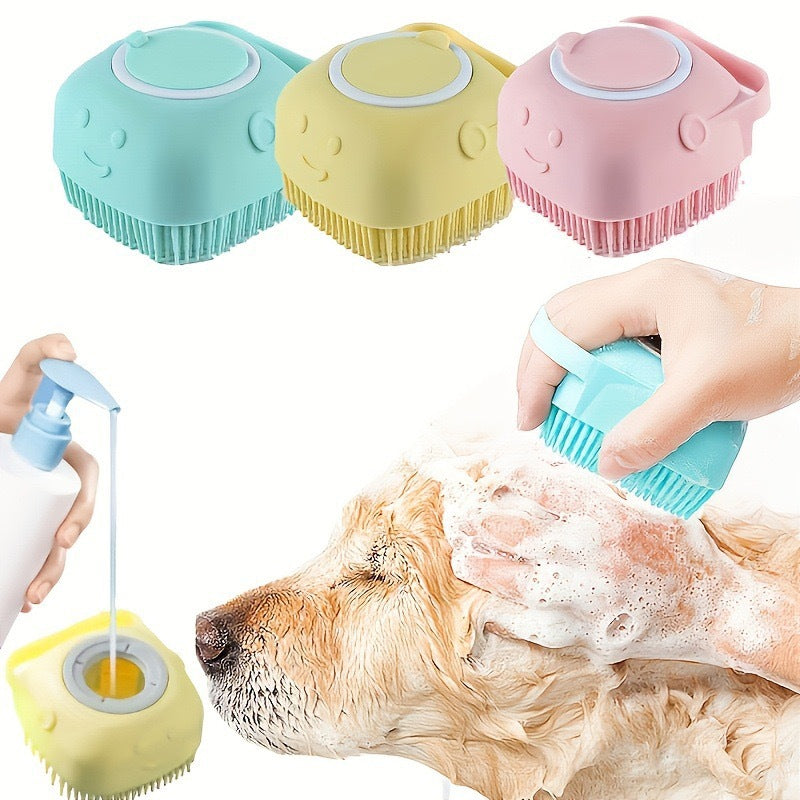 Silicone Dog Bath Brush with Shampoo Dispenser, Soft Massage Bristles