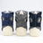 Two-leg padded cotton dog coat with moustache pattern in Navy Blue, showing size and shape