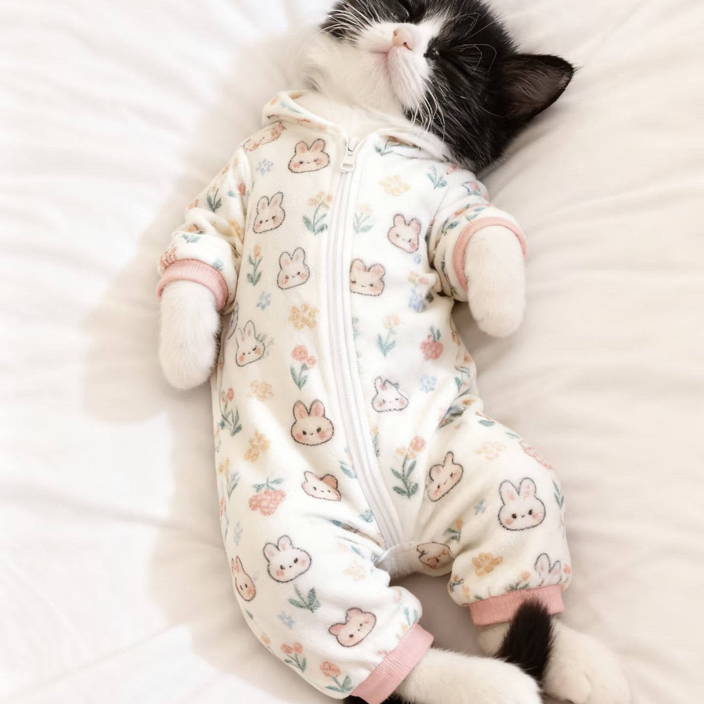 Cute kitty print pet pyjamas on a small dog, view 3