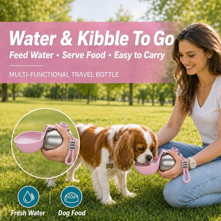 Pink foldable pet water bottle with built in bowl, view 3