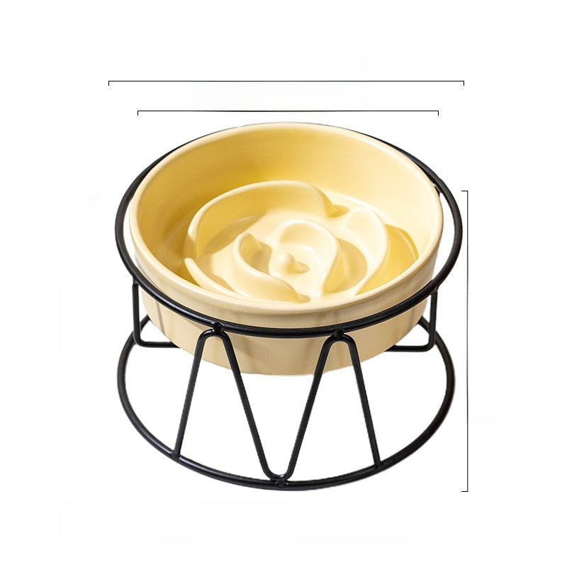 Ceramic Slow Feeding Pet Bowl with Small Flower Design and Optional Iron Stand