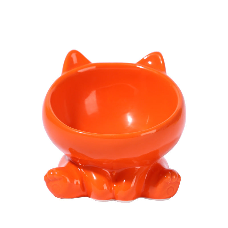 Ceramic Cat Bowl with Angled Mouth and Reaching Hand Designs, Easy-Clean Pet Food Dish