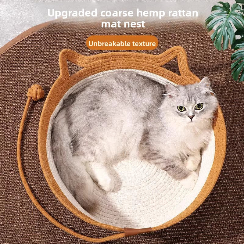 Hand woven rattan cat bed with mat and toy ball, view 1