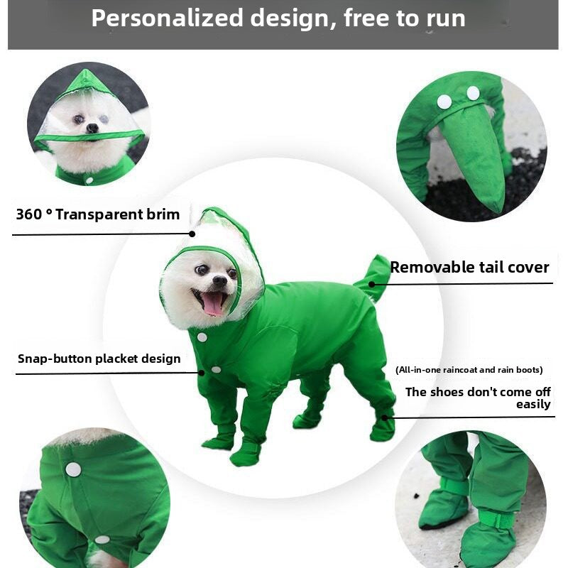 Small dog in a sky blue full cover four leg raincoat
