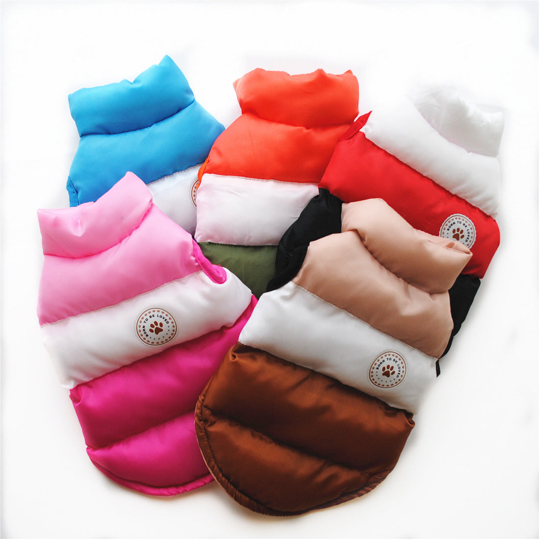 Colour block puffer dog coat with button front in Blue, side view
