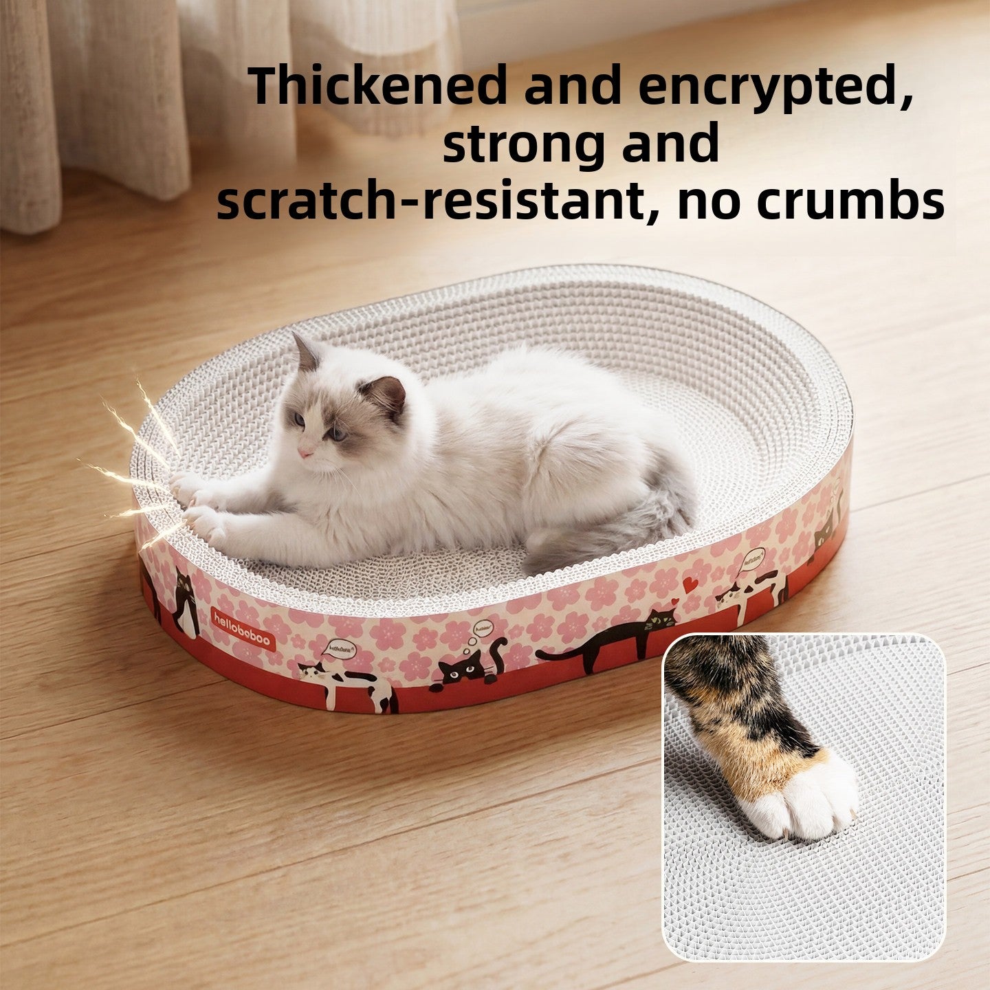 Round corrugated cat scratcher bed lounger with printed design, view 2 of 16