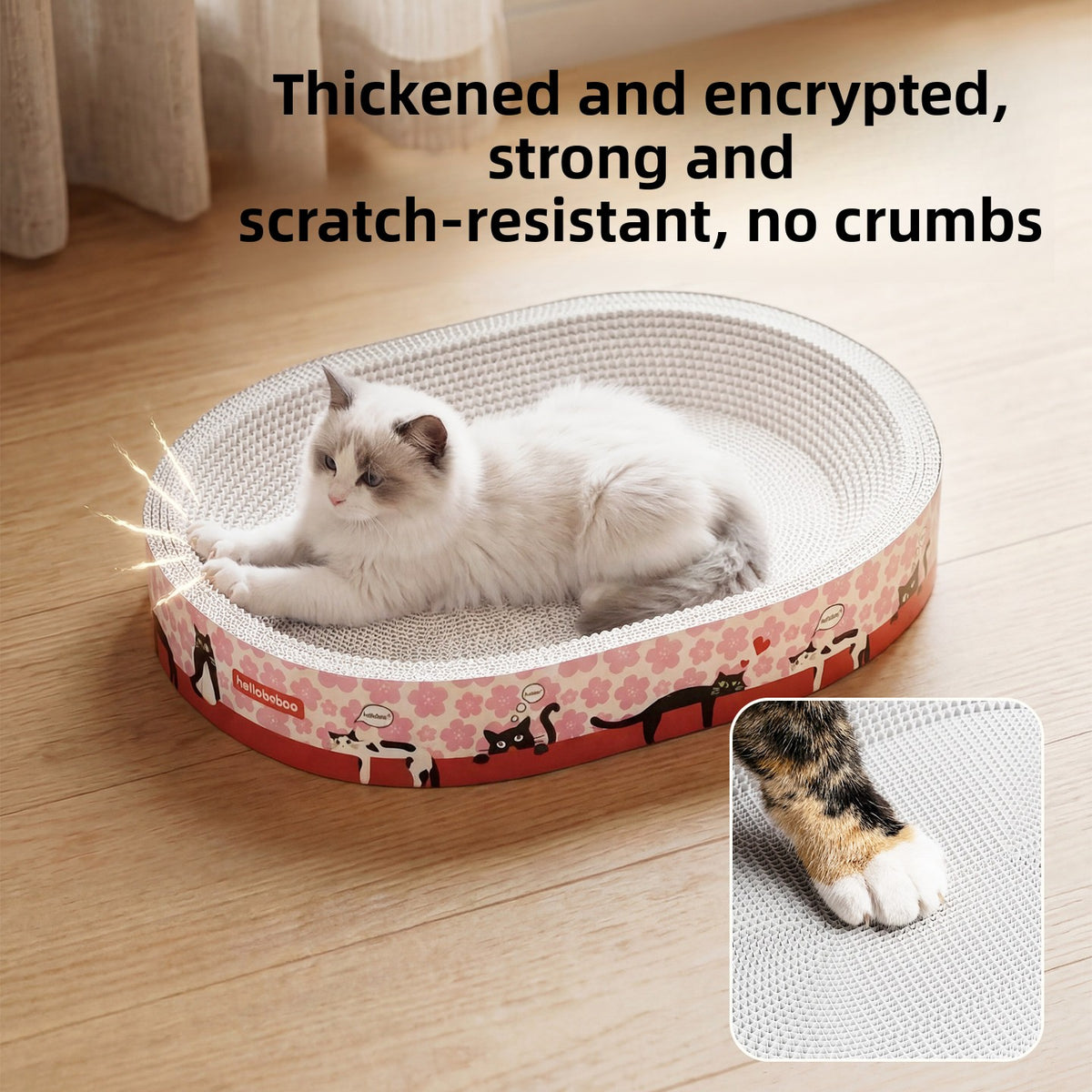 Round corrugated cat scratcher bed lounger with printed design, view 2 of 16