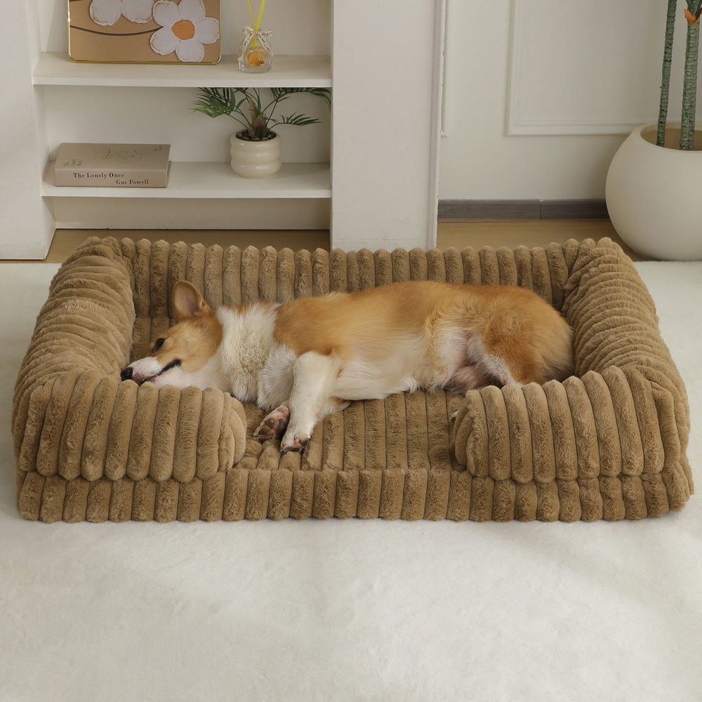 Cat sleeping in a beige warm pet bed in medium size