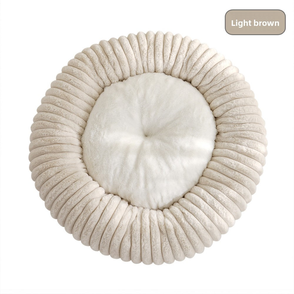 Round striped faux fur pet bed in dark grey for cats