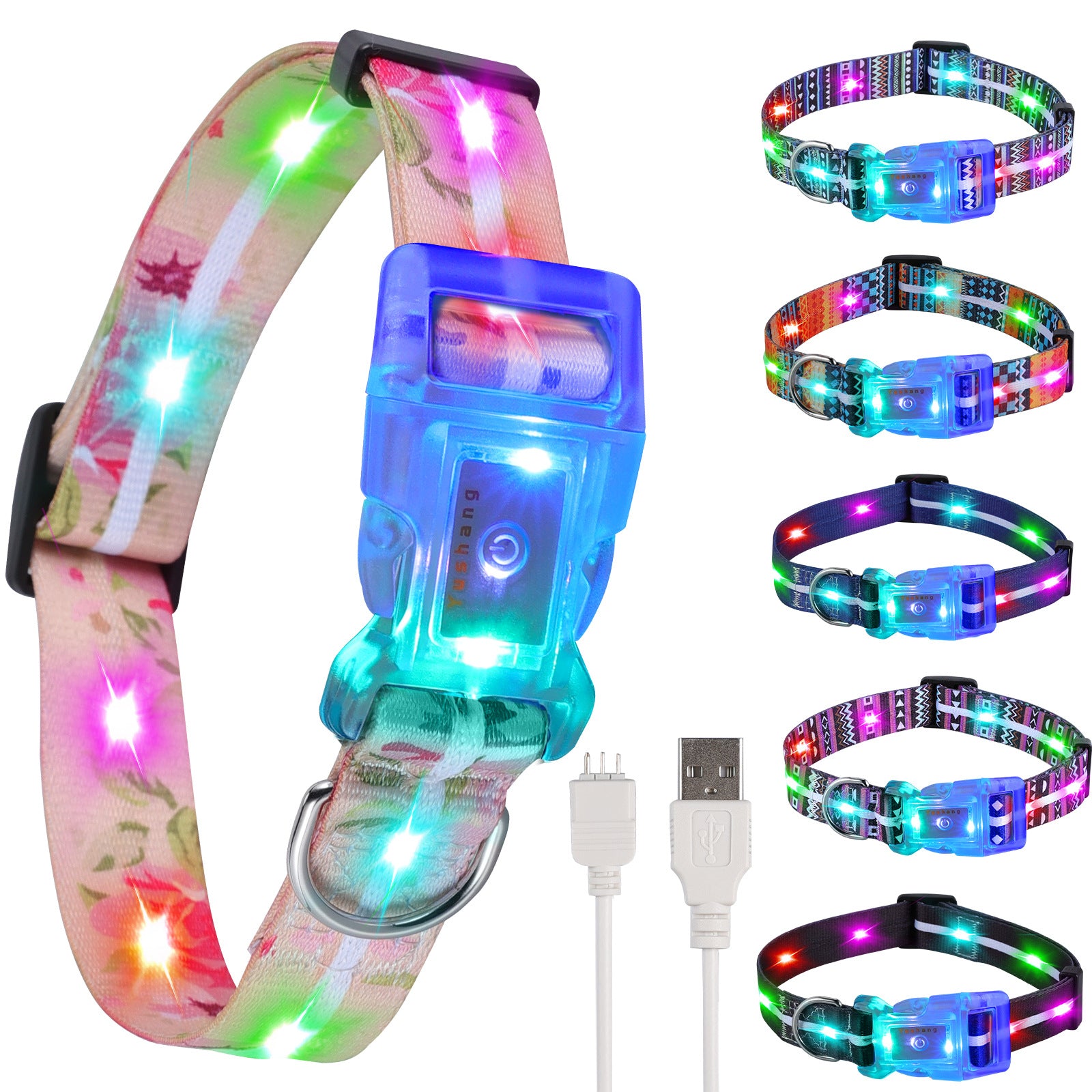 Striped light up dog collars in blue and black designs