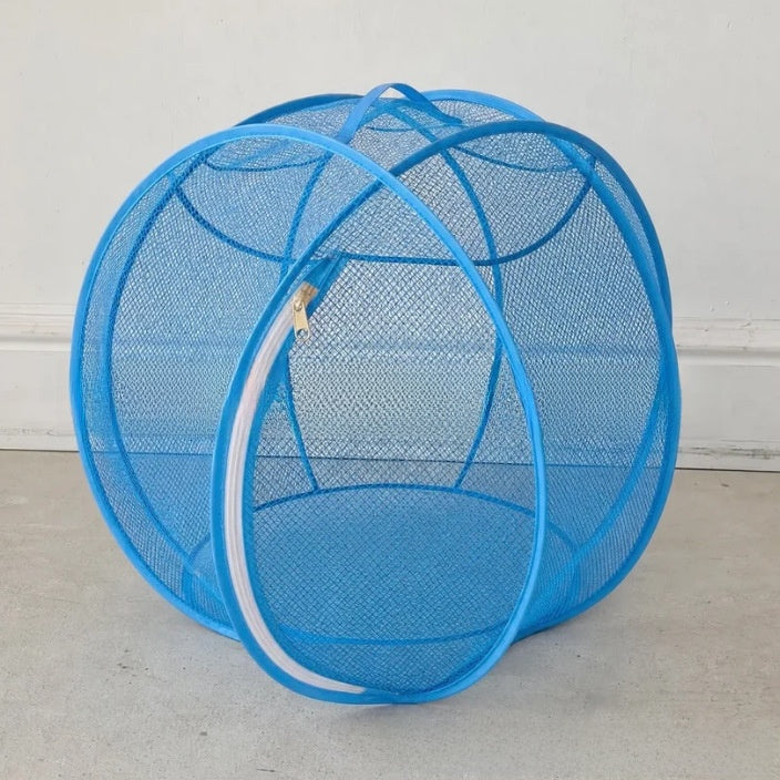 Rolling mesh cat playpen on wheels, close-up detail view