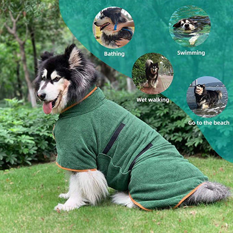 Thick microfibre dog bathrobe with full coverage in Blue, side view