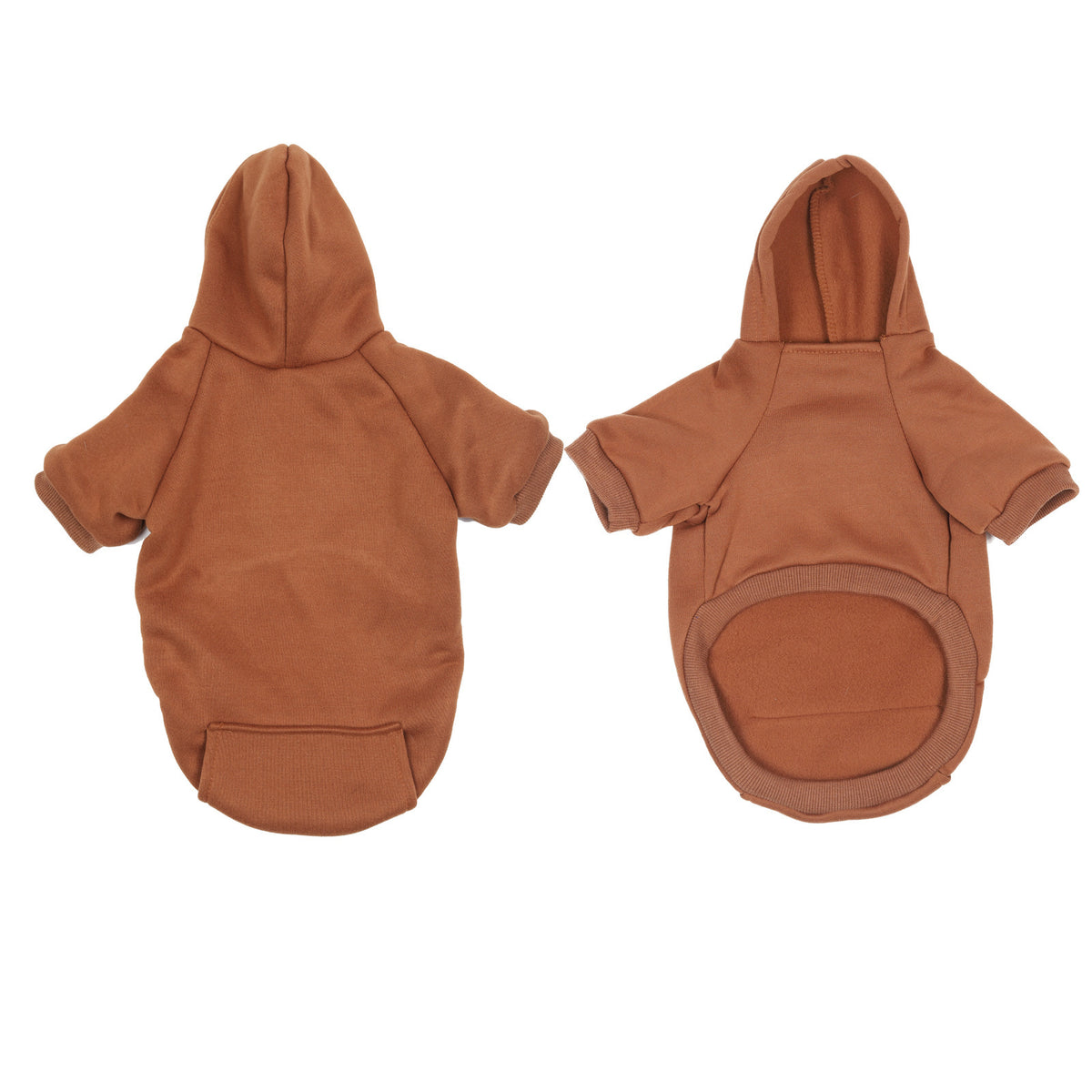 Small dog in a navy fleece lined hooded sweatshirt
