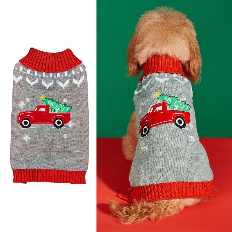 Christmas knitted pet jumper with festive design in Green Belt, in use with a pet