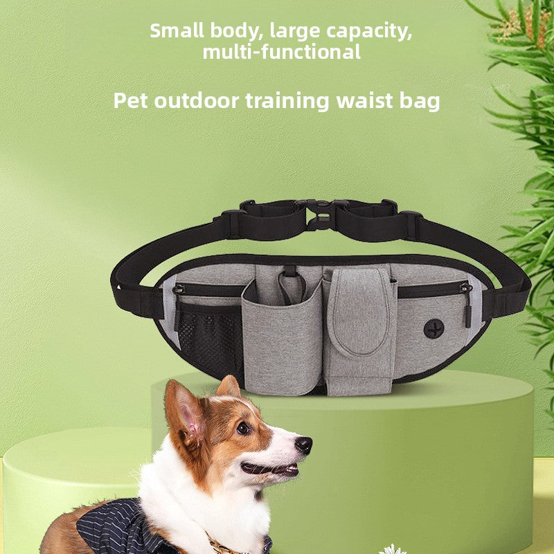 Grey dog training treat waist pack with pockets and reflective strips, view 1