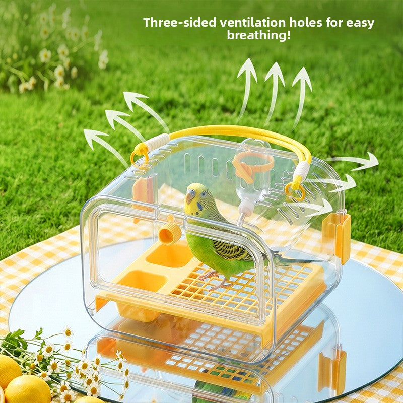 Clear portable bird travel cage with purple trim, view 3