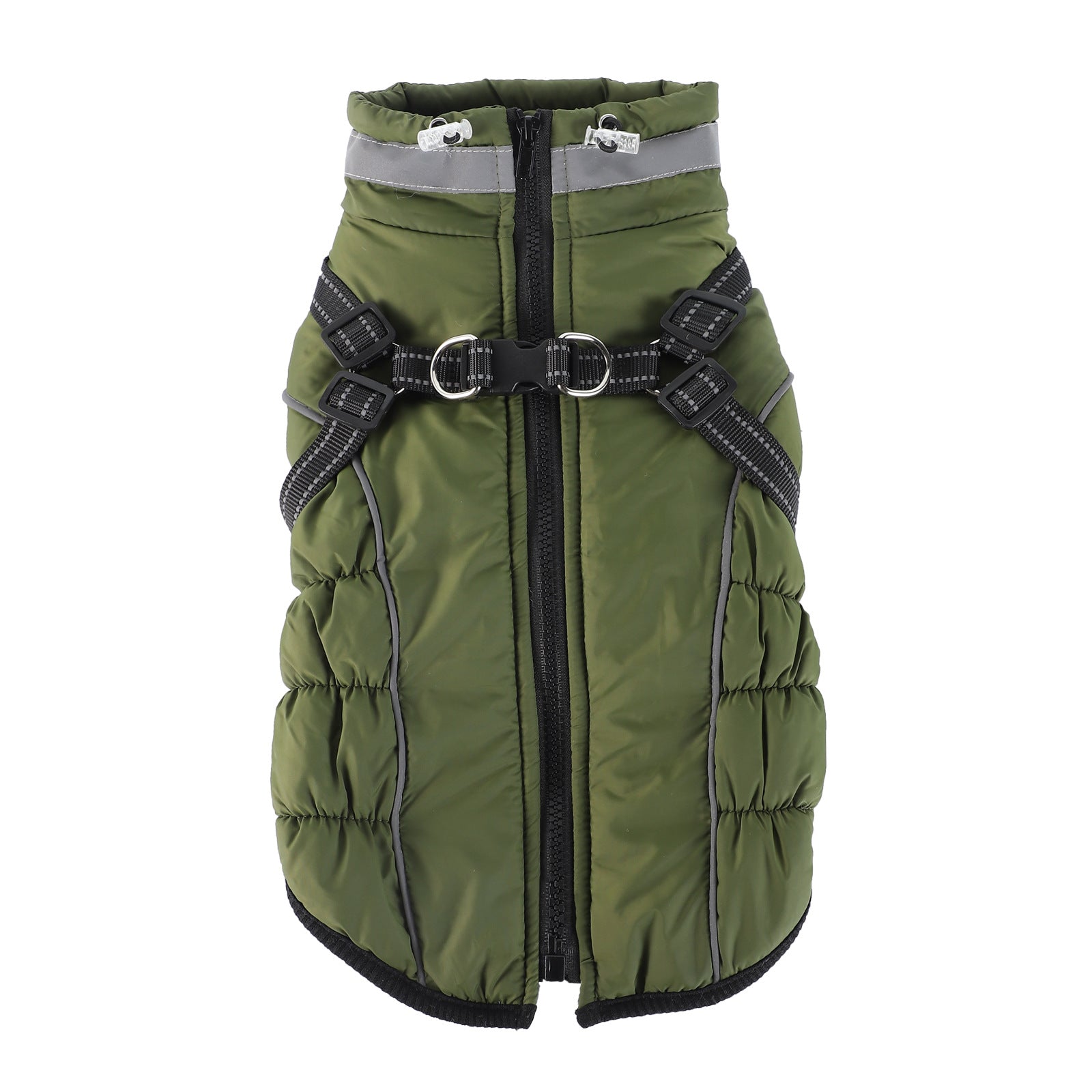 Fleece lined waterproof dog coat with reflective straps in Green, in use with a pet