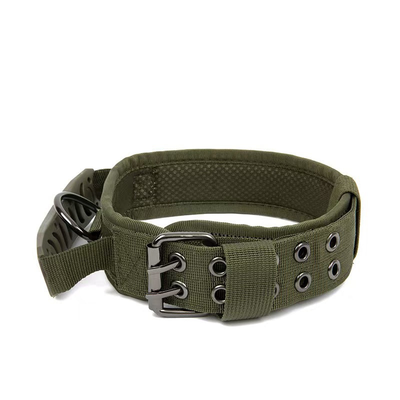 Tactical nylon dog collar with metal buckle in outdoor colours, product overview