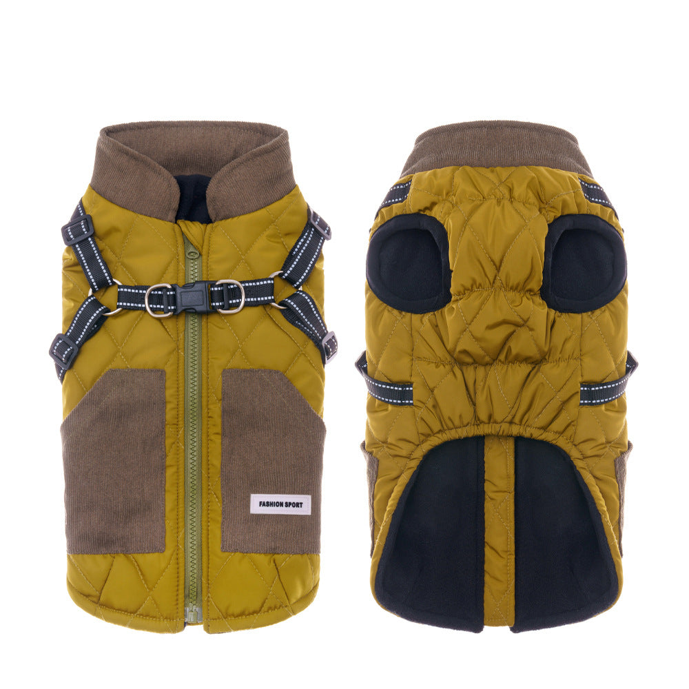 Thick padded dog coat with open back and lead ring in Melon Red, top view
