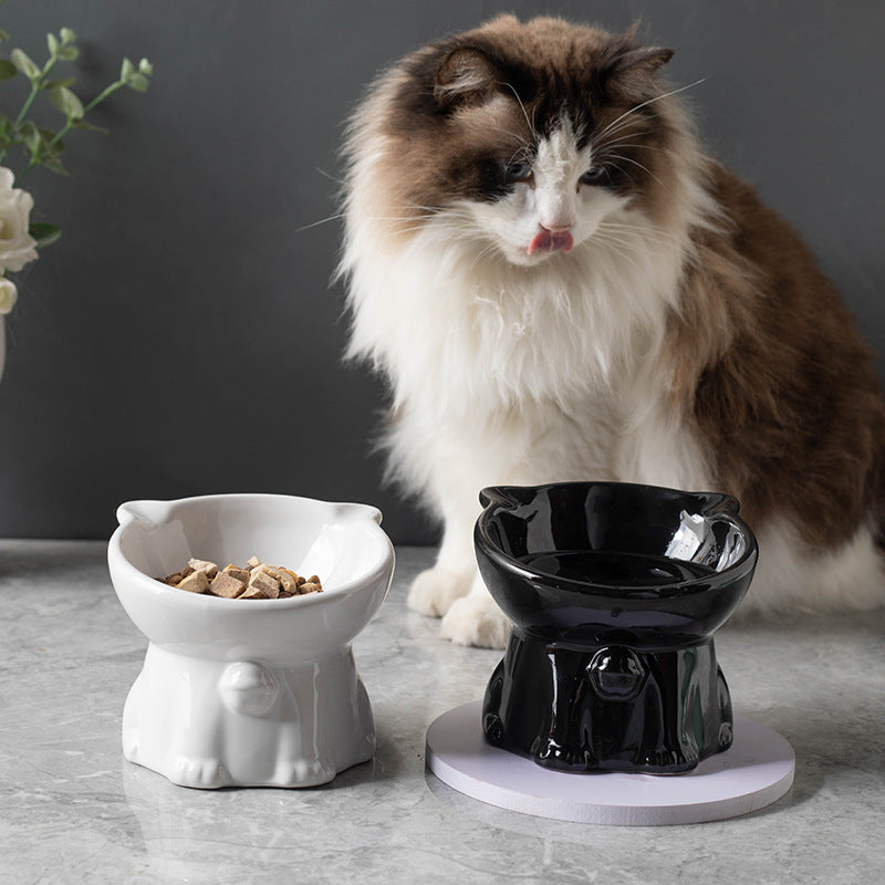 Cute Ceramic Raised Cat Bowl with Bell Detail and Anti-Spill Stable Base in Four Colours