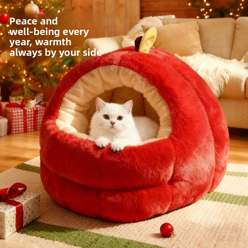 Red apple-shaped cat bed and small dog nest, main product photo