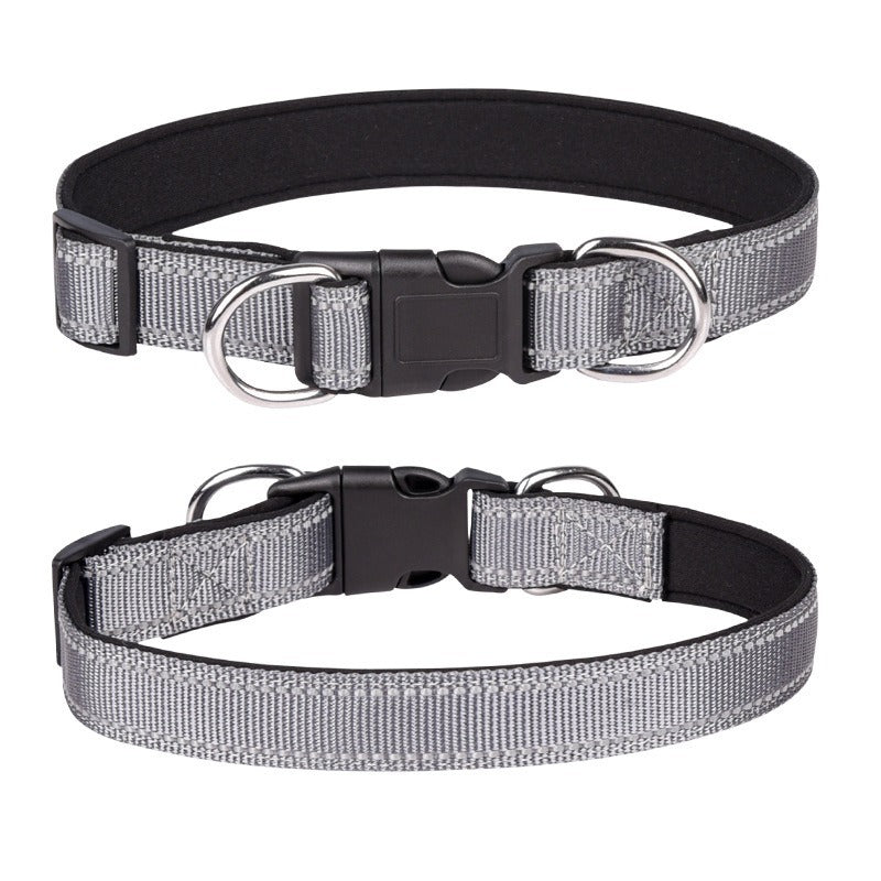 Reflective padded dog collar with locking buckle in Black, in use with a pet