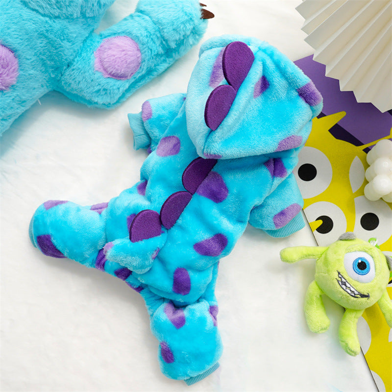 Blue monster flannel four-leg pet onesie in Blue Monster, side view
