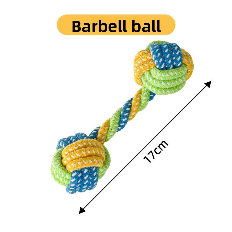 Assorted knotted cotton rope dog toys in sixteen fun designs