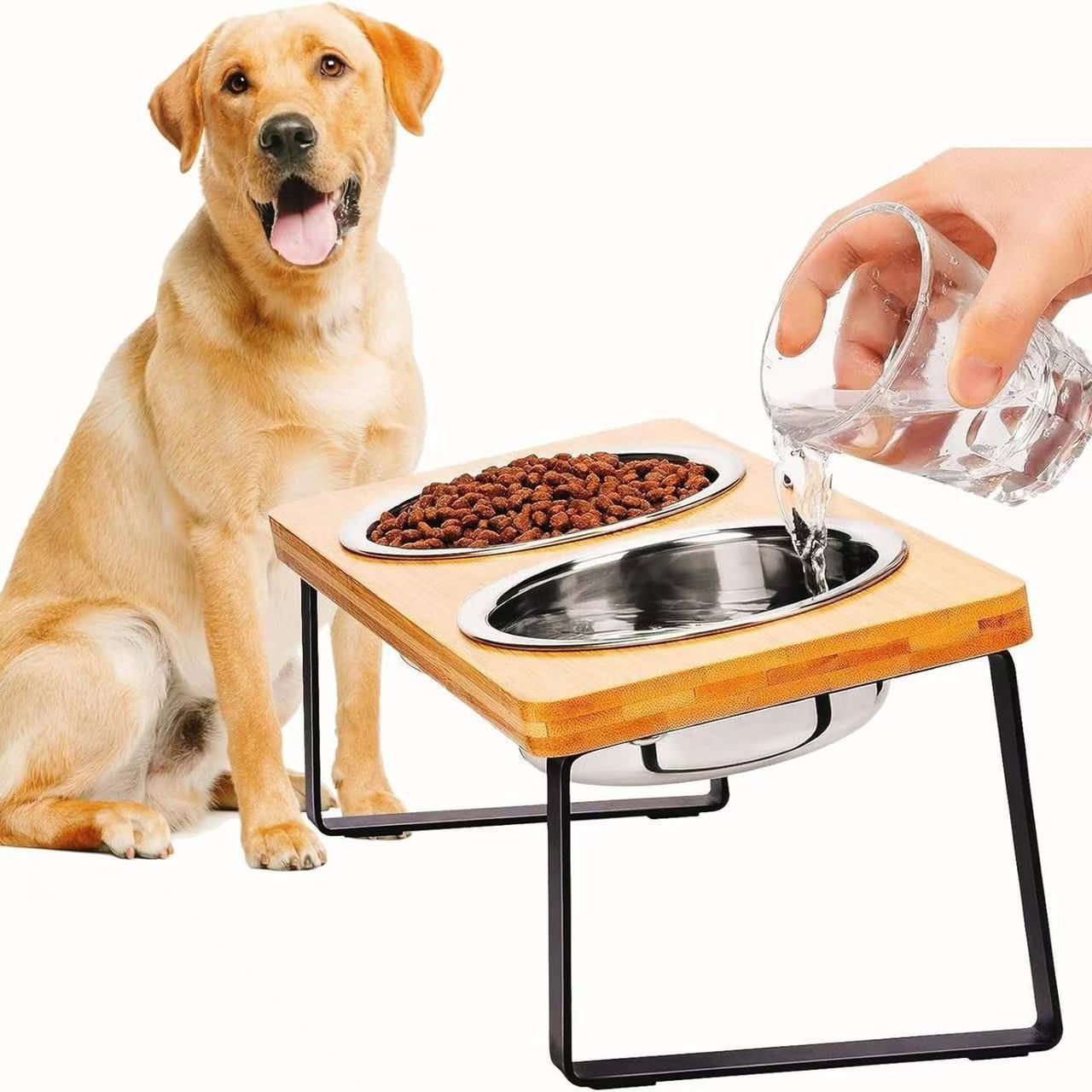 Bamboo and Wood Cat and Small Dog Bowl Set with Stainless Steel Inserts, Double or Triple