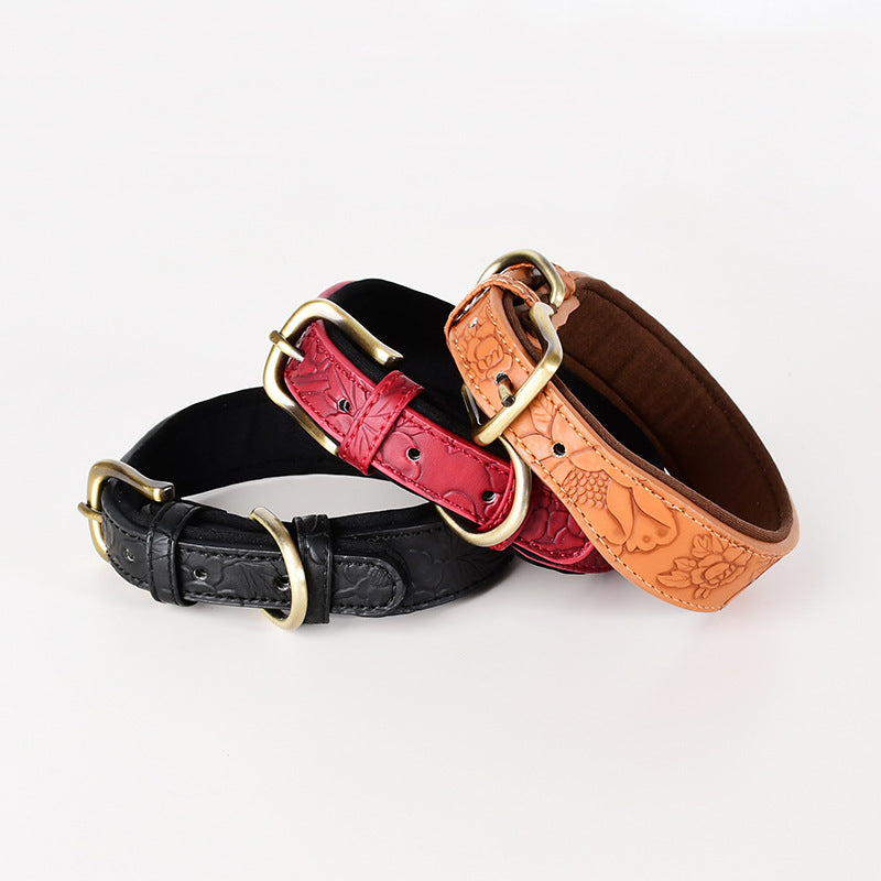 Embossed pattern leather look dog collar in brown
