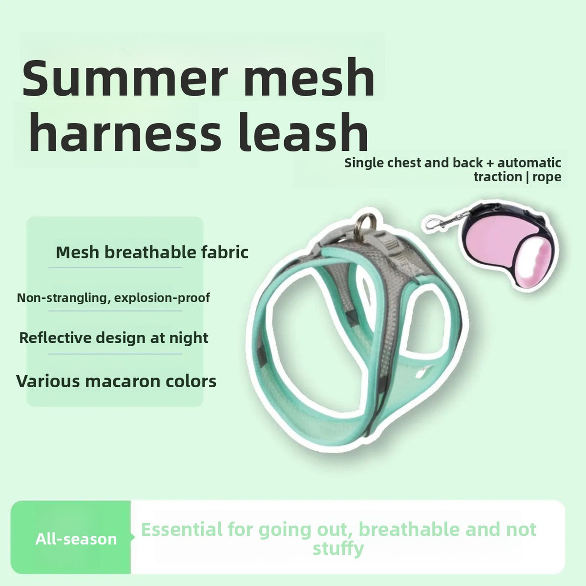 Reflective mesh cat harness with lead in green and grey, product image 65
