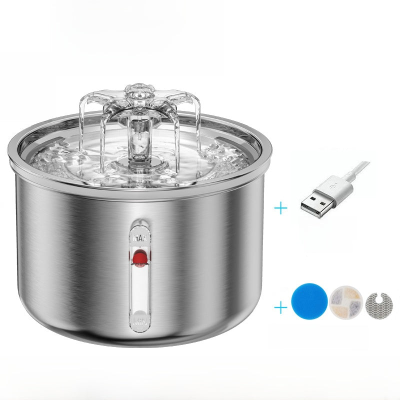 2L Stainless Steel Automatic Pet Water Dispenser with Quiet Pump and Visible Window