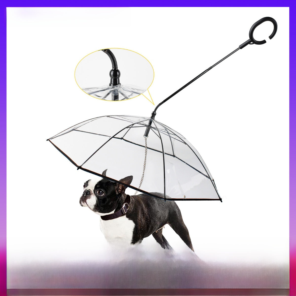Clear dog umbrella with built-in lead for rainy walks in Transparent with Chain, front view