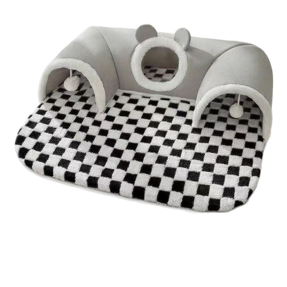 U shaped tunnel cat den with brown deer design, view 4