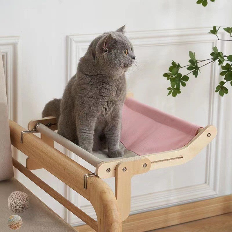Window hanging cat bed with wooden frame and grey linen seat