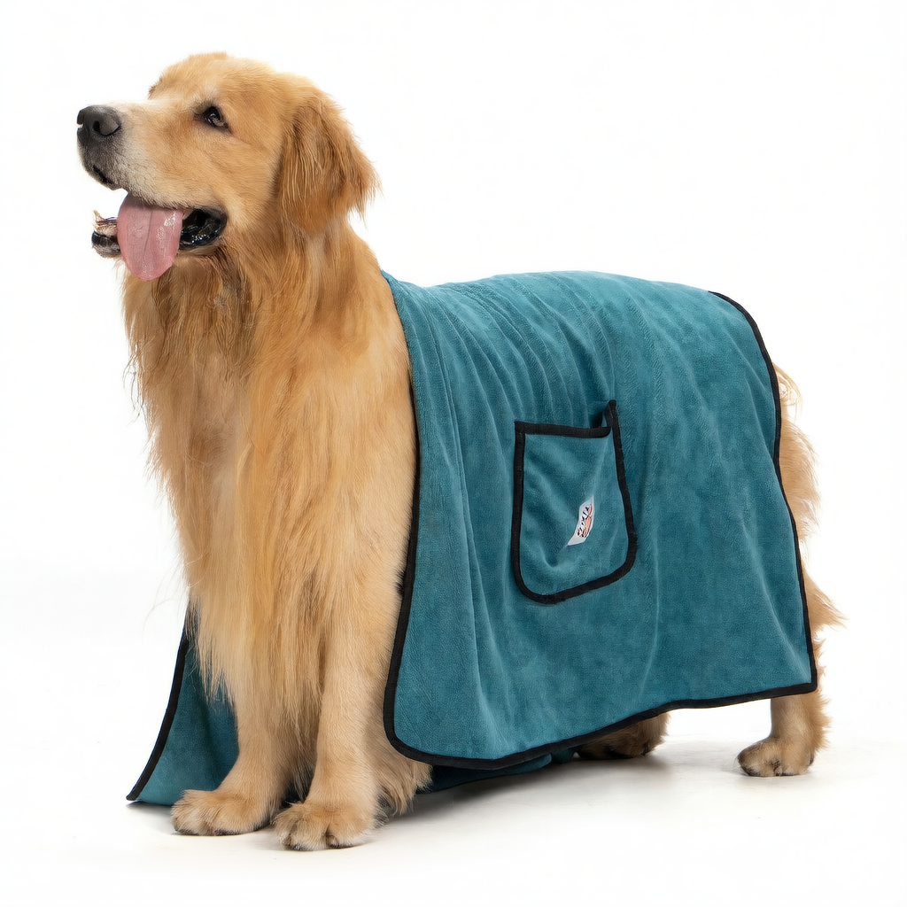 Microfibre pet bath towel with pocket gloves in Emerald Green, showing size and shape