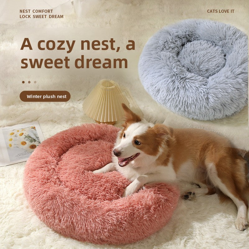 Plush round padded dog and cat bed, main product photo