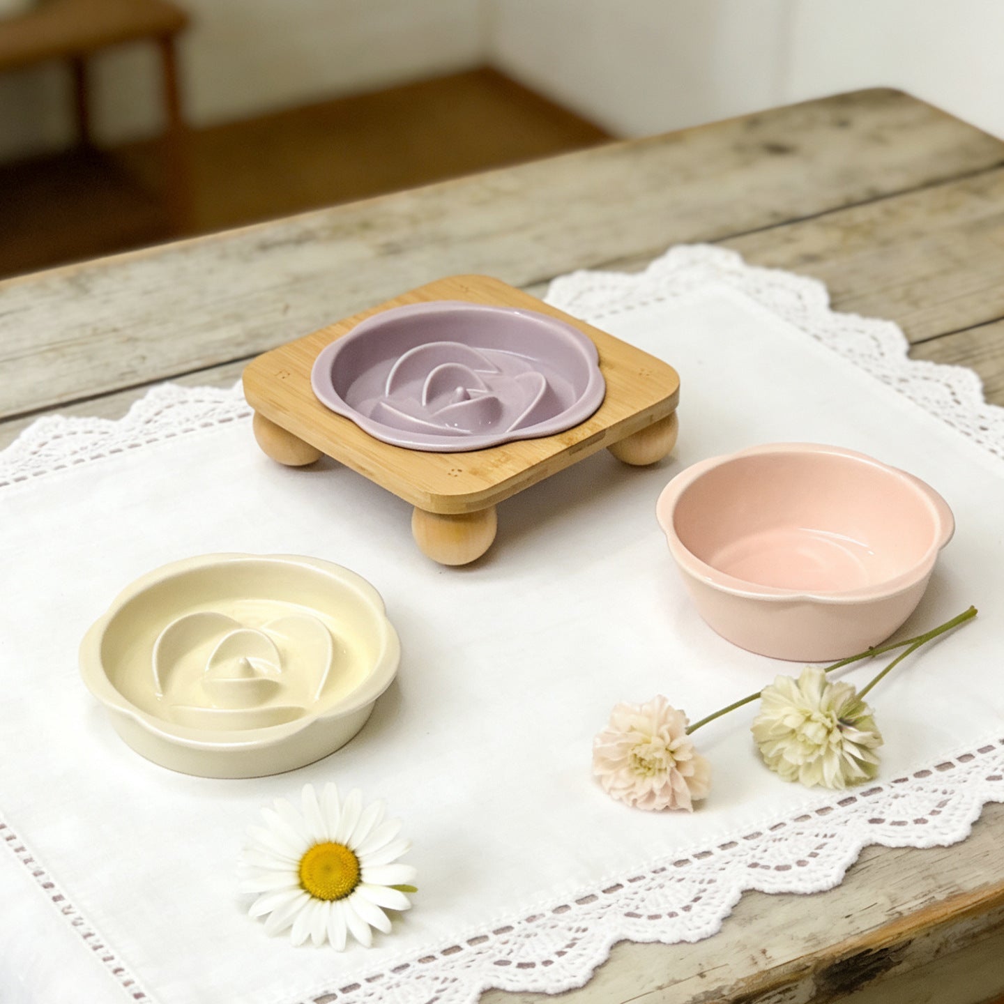 Slanted Ceramic Cat Bowl with Flower Design and Optional Stand for Neck Comfort