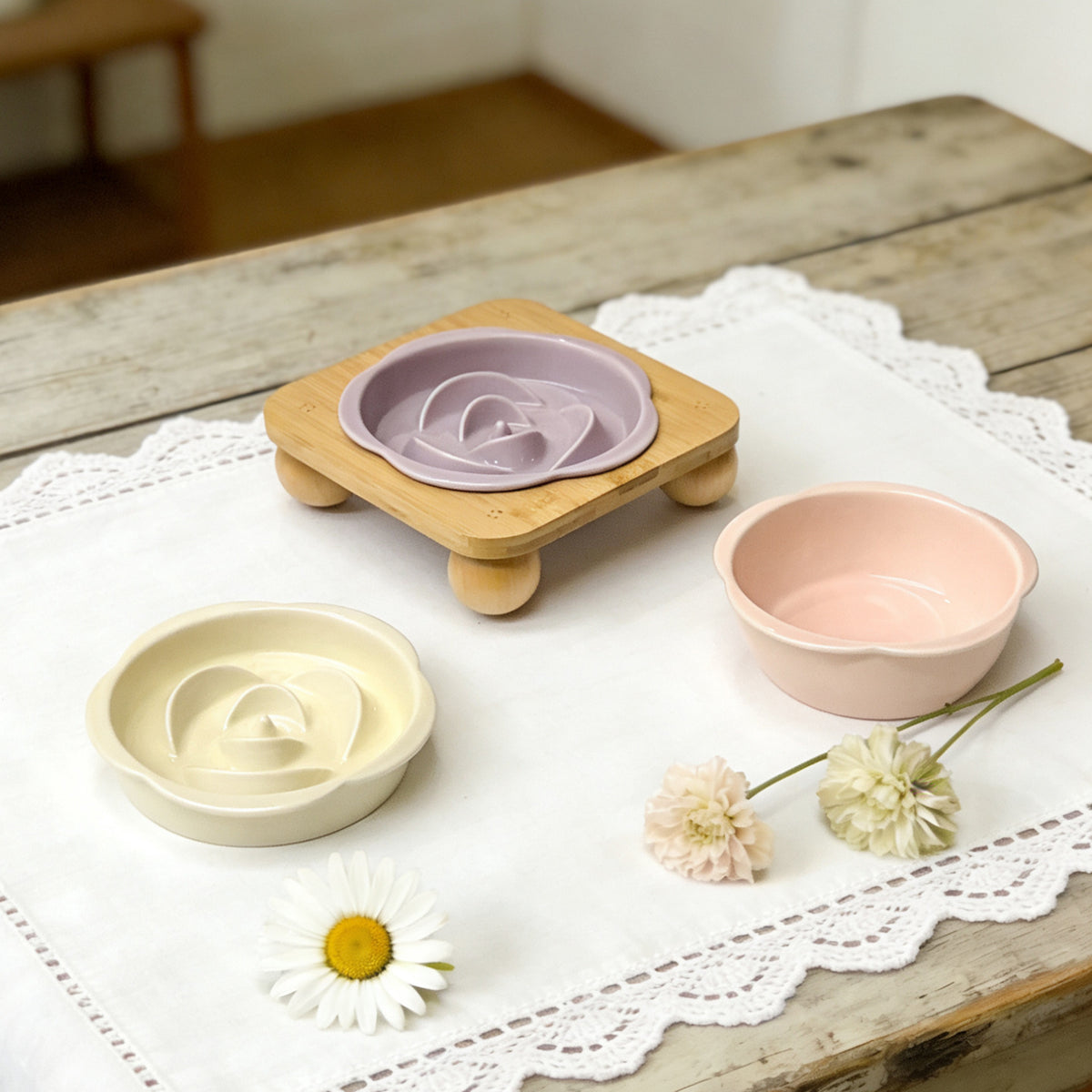 Slanted Ceramic Cat Bowl with Flower Design and Optional Stand for Neck Comfort