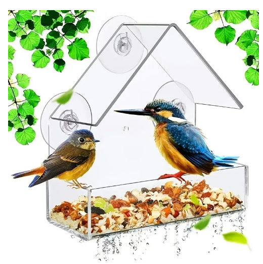 Clear acrylic hanging bird feeder with roof, photo from another angle