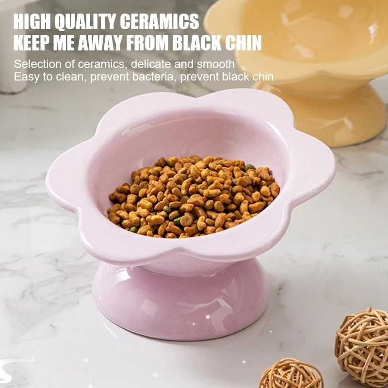 Pink glazed ceramic cat feeding bowl with wide base, view 2