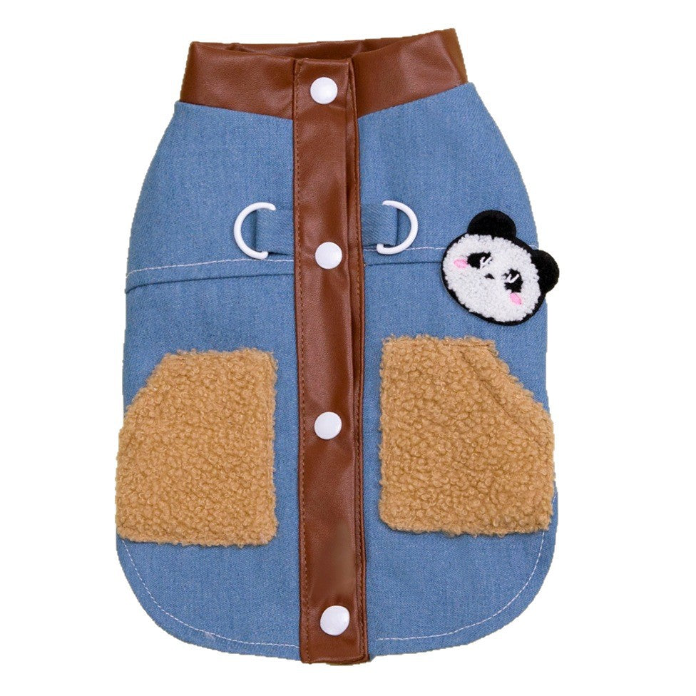 Fleece lined denim pet jacket with panda design, showing size and shape