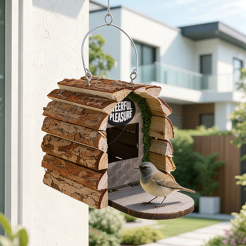 Wooden bird house with natural bark finish for gardens, view 4