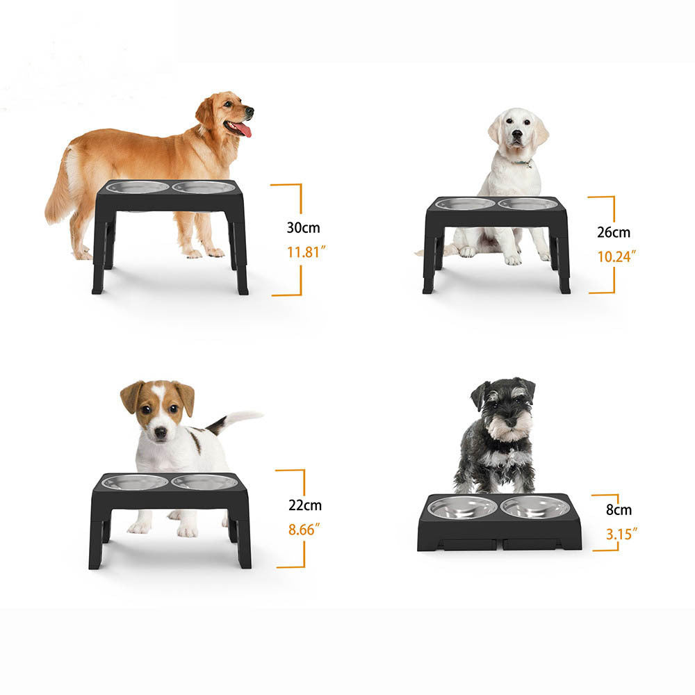 Adjustable Height Stainless Steel Double Dog Bowl in Black with Stable Base for Large Dogs