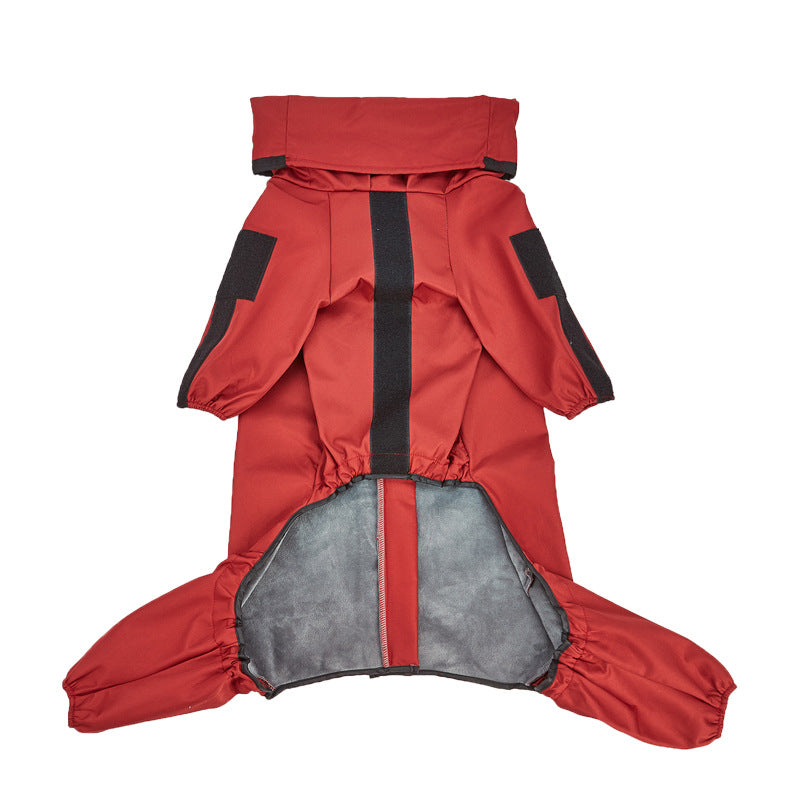 Reflective hooded dog raincoat in silver fabric in Red Fleece Lined, close-up detail
