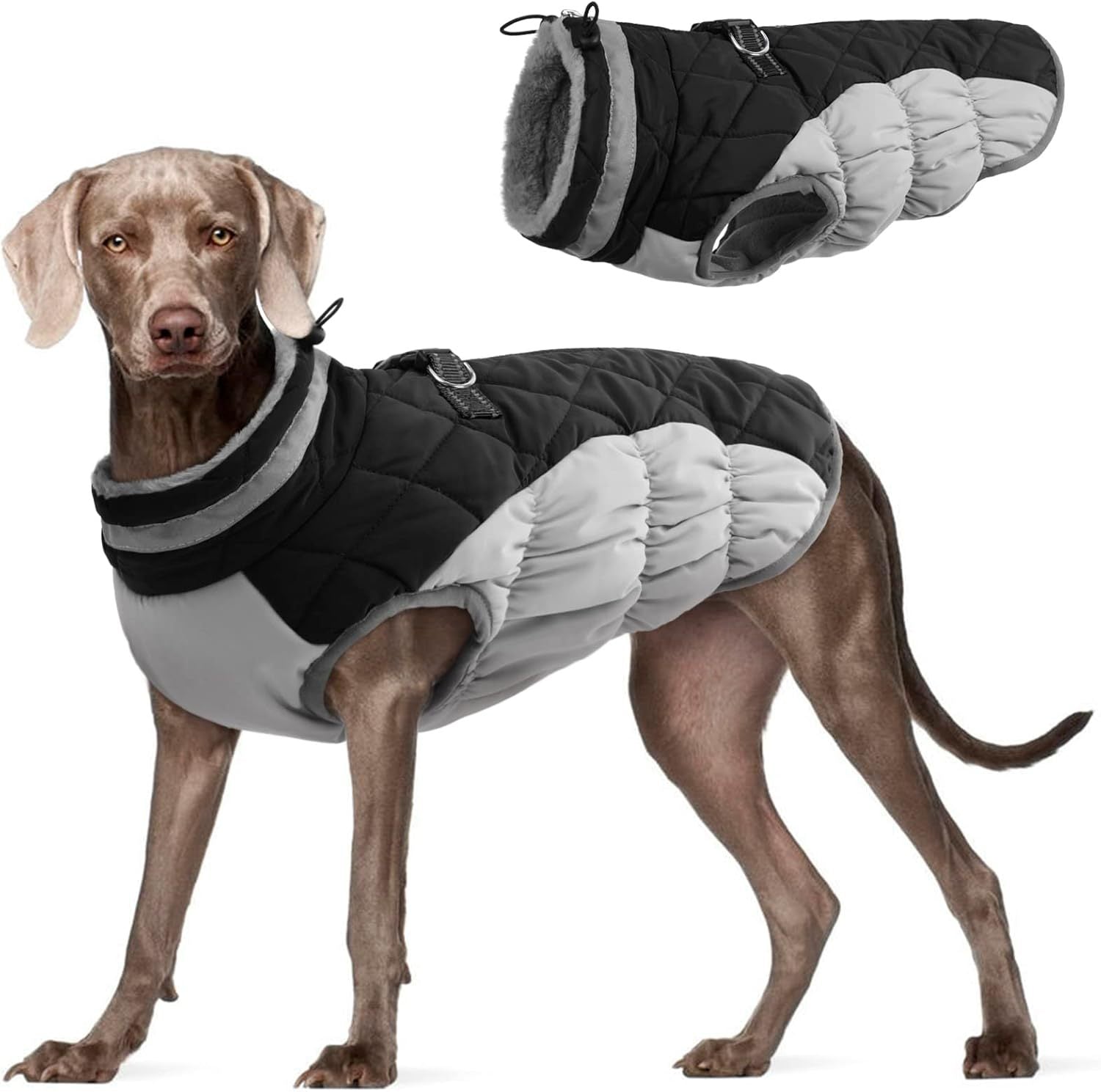 Windproof fleece lined padded dog coat in Black and Grey, material detail